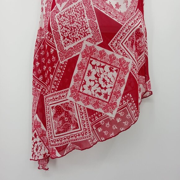 RAVE Y2K Red White Bandana Print Asymmetrical Hem Sheer Top - Picture 8 of 12